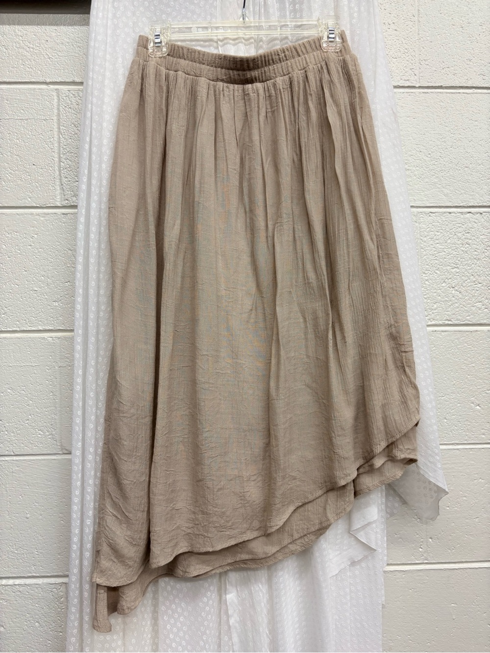Lagenlook Whimsical Boho Ren Festival Taupe Asymmetrical Midi Skirt